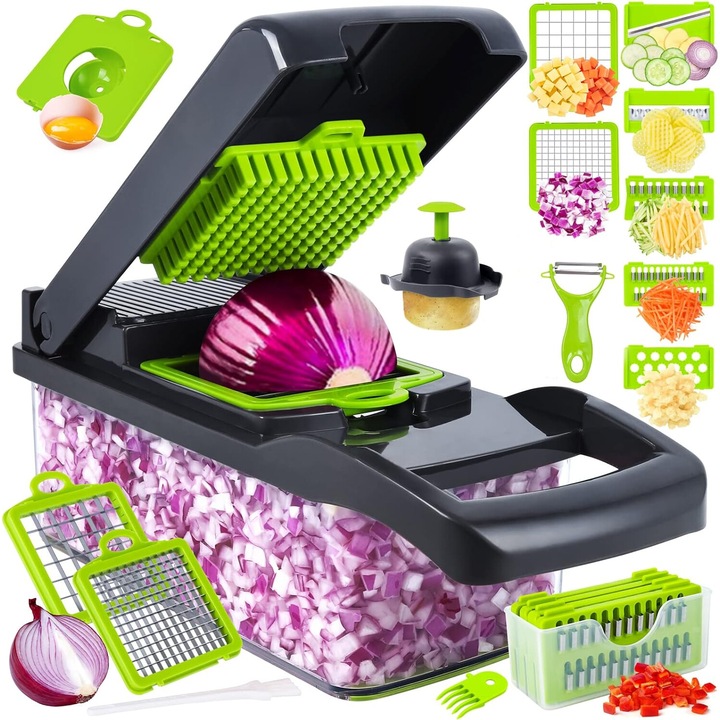 Razatoare Multifunctionala, pentru legume si fructe Crrkty, set 14-in-1, 8 lame din otel inoxidabil si maner protectie, pentru legume, separator de oua, recipient, verde