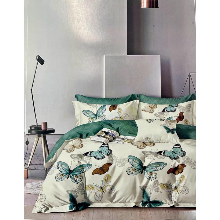 Set Lenjerie de pat dublu, 2 persoane, East Confort, Bumbac, 6 Piese, Cearceaf de pat 230 x 250 cm, Cearceaf pilota 200 x 230 cm, 2 fete de perna 70 x 70 cm, 2 fete de perna 55 x 80 cm, Crem, Turcoaz