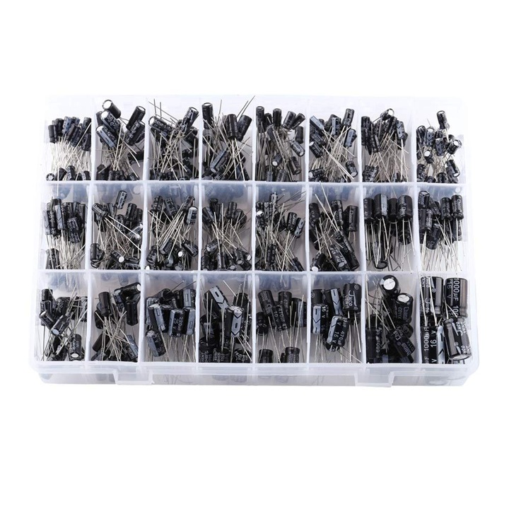 Set de 500 de condensatori electrolitici din aluminiu, 24 valori, AMRINUGL, 0.1Uf-1000Uf, metalic