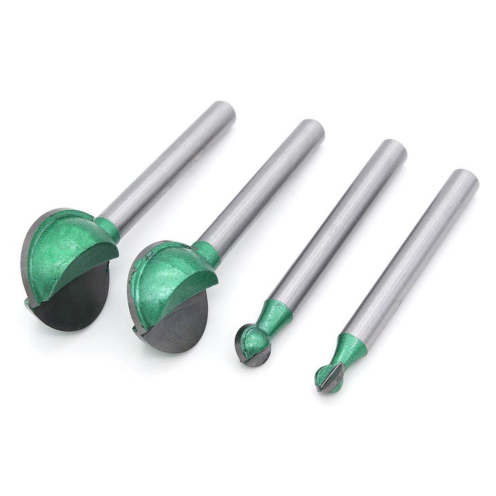 Set freze de precizie pentru prelucrarea lemnului, Enforose, 4 piese, din carbura cimentata, pentru freze portabile si CNC, diametru tija 6mm, lungimi 57x65mm