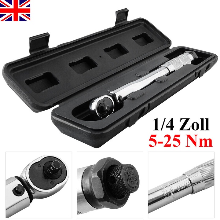 Cheie cu clichet ajustabil 1/4", Enforose, 5-25Nm, din otel crom-vanadiu, cu mecanism de blocare, set