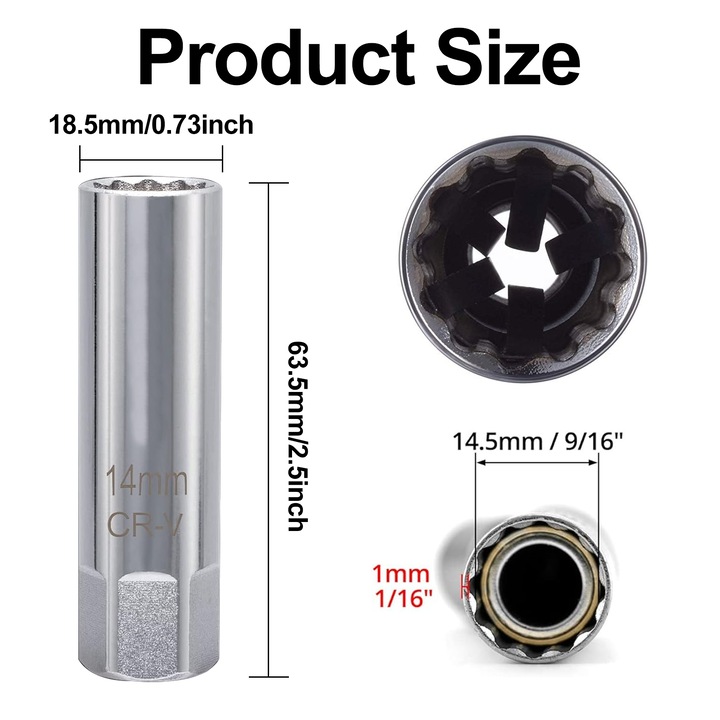 Cheie tubulara pentru bujii Tovbmup, 14mm, 12 puncte, perete subtire, rezistenta la coroziune, 3/8 inch