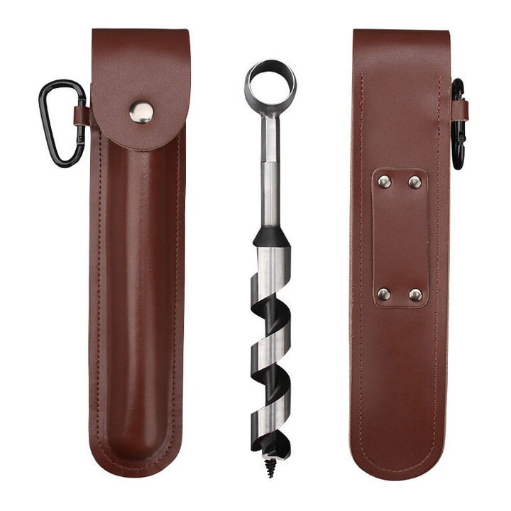 Unealta multifunctionala Bushcraft, burghiu manual cu maner extins, constructie din otel de inalta calitate, husa din piele, design compact