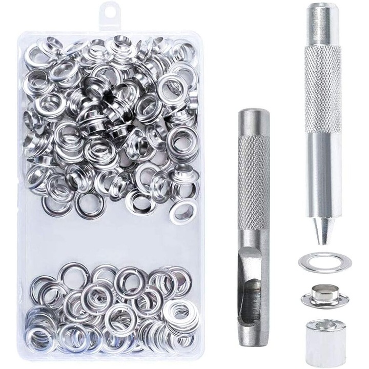 Set 100 capse metalice pentru cusut, Enforose, cu saibe, 14 mm, argintiu