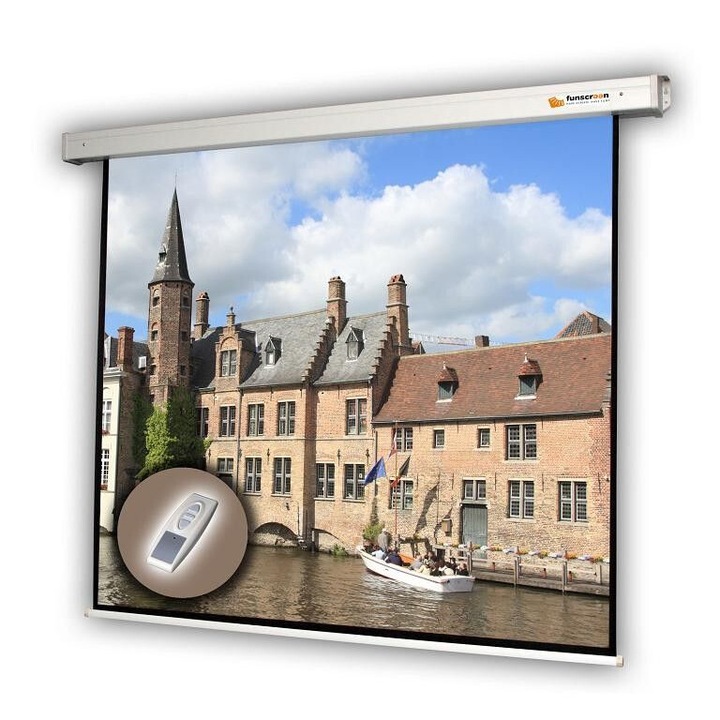 Ecran proiectie motorizat Funscreen, 127x170cm, format 4:3, alb mat, cu telecomanda RF, set de montare