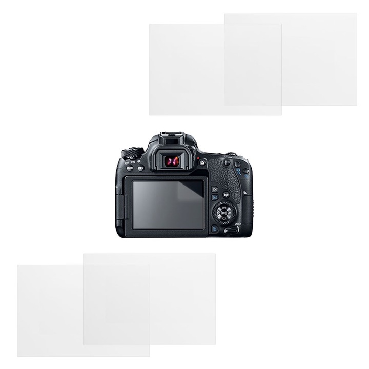 Set protectie compatibil cu Canon EOS 77D, COMANDO Focus Shield, 4 Folii de Silicon Rezistente pentru Ecran, Anti-Reflexie, Anti-zgarieturi, Proprietati Regenerabile, Protectie Anti-Amprente, Aplicare usoara, Gri Transparent
