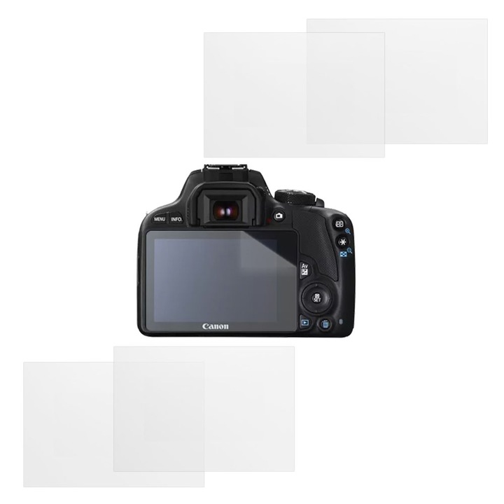 Set protectie compatibil cu Canon EOS 100D, COMANDO Focus Shield, 4 Folii de Silicon Rezistente pentru Ecran, Anti-Reflexie, Anti-zgarieturi, Proprietati Regenerabile, Protectie Anti-Amprente, Aplicare usoara, Gri Transparent