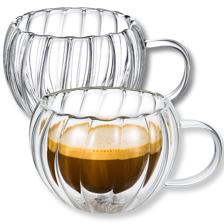 Set Cani termo sticla transparente, 300 ml, 2 piese, cesti pentru cafea, ceai, cappuccino, Thermoglass, Wilmax England