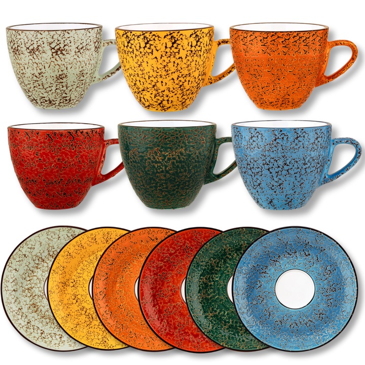 Set cesti cafea lux, Portelan, Multicolor, 75 ml, 6x Ceasca + 6x Farfurie elegante, cesti espresso, cafea, Colorboom, Wilmax England