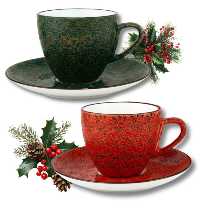Set cesti cafea lux, Portelan, Rosu/Verde, 75 ml, 2x Ceasca + 2x Farfurie elegante, cesti espresso, cafea, Colorboom, Wilmax England