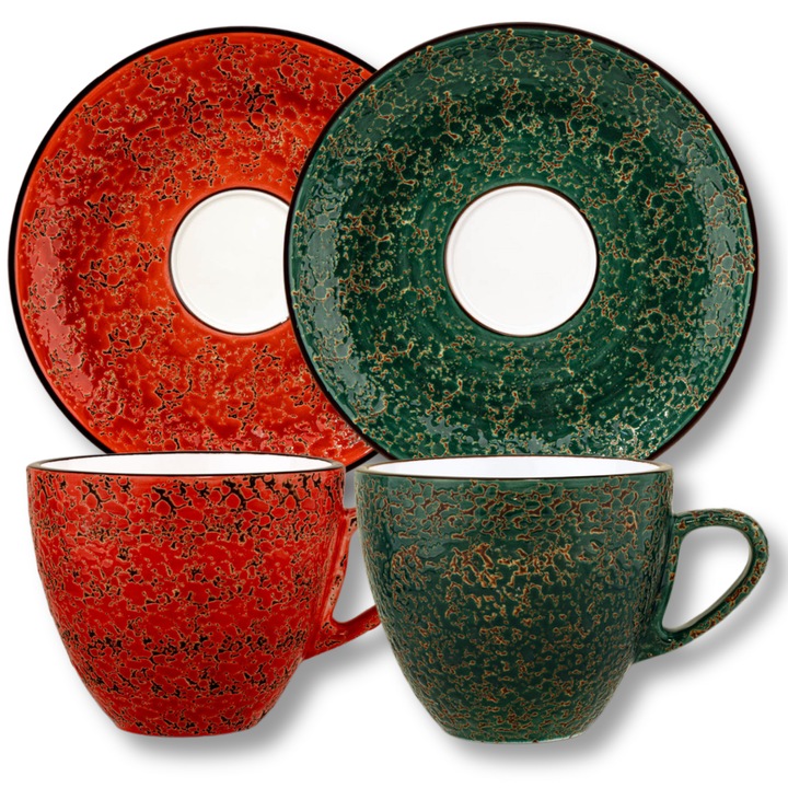 Set cesti cafea lux, Portelan, 300 ml, 2x Ceasca + 2x Farfurie elegante, cana pentru cafea, ceai, cappuccino, Rosu-Verde, Colorboom, Wilmax England