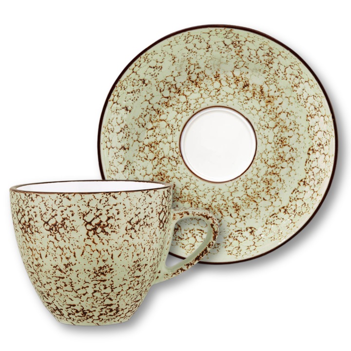 Set cesti cafea lux, Portelan, Fistic, 300 ml, Ceasca + Farfurie elegante, cana pentru cafea, ceai, cappuccino, Colorboom, Wilmax England