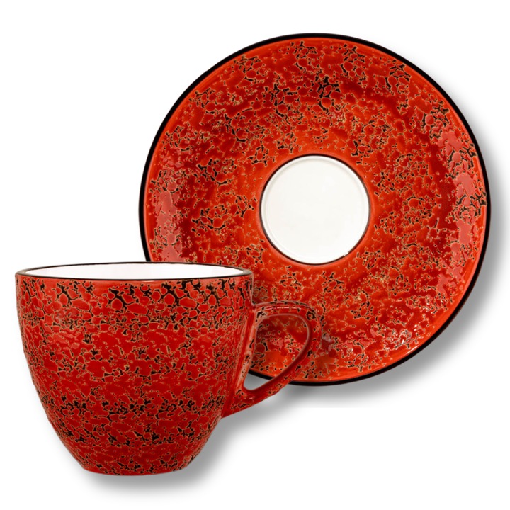 Set cesti cafea lux, Portelan, Rosu, 300 ml, Ceasca + Farfurie elegante, pentru cafea, ceai, cappuccino, Colorboom, Wilmax England