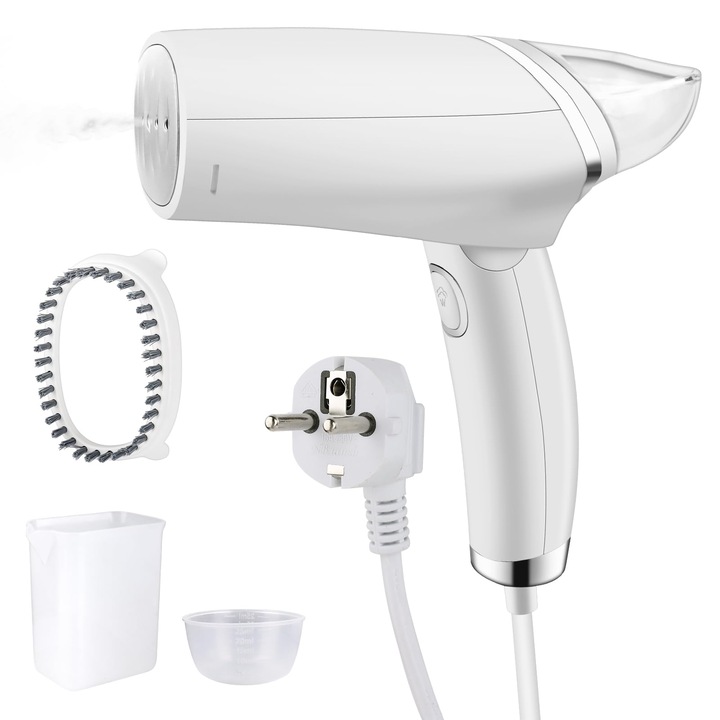 Mini Fier de Calcat Portabil 2 in 1, Aparat cu Abur Vertical, 1000W, Pliabil si Compact, Incalzire 25s, Rezervor 100ml, Ideal pentru Voiaj si Calatorii, Tehnologie Anti-Scurgere, Alb
