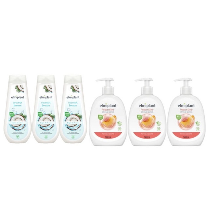 Elmiplant testápoló készlet 6 db, 3 db tusfürdő krém 400 ml Coconut Breeze, 3 db folyékony szappan 500 ml őszibarack elixír, hatékony tisztítás, intenzív hidratálás, könnyű felvitel, megelőzi az irritációt, bőrgyógyászatilag tesztelt