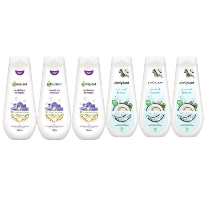 Set Ingrijire Personala Elmiplant 6 x Componente, 3 x Gel de Dus Crema 750ml Moisture Miracle, 3 x Gel de Dus Crema 400ml Coconut Breeze, curatare eficienta, hidratare intensa, aplicare usoara, previne iritatiile, testat dermatologic