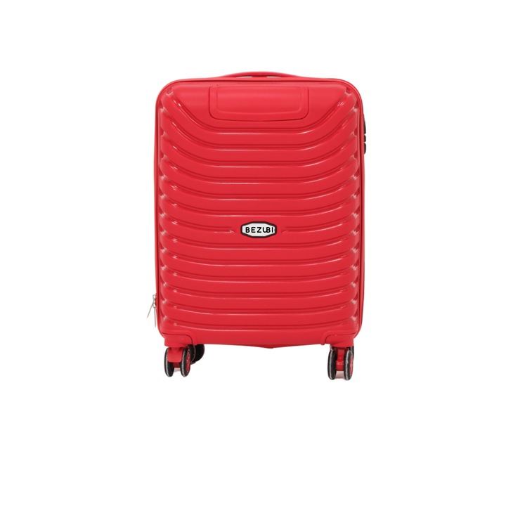 Bezubi Easy Travel bőrönd, kézipoggyász, 55x40x20, térfogat 44 liter, teleszkópos fogantyú, 4 csendes dupla kerék, 360 fokos elforgatás, cipzárral és számjegyekkel zárható, rekeszezés zsebbel, speciális rugalmas törésgátló PP anyag, piros