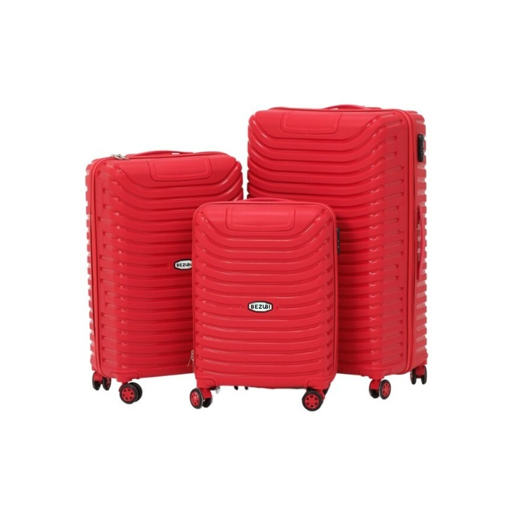 Set complet 3 trolere pentru vacanta Bezubi Easy Travel, bagaj cabina si cala, maner telescopic, 4 roti duble silentioase, rotire 360 grade, inchidere cu fermoar si cifru, compartimentare cu buzunar, material PP special flexibil anti-casabil, rosu