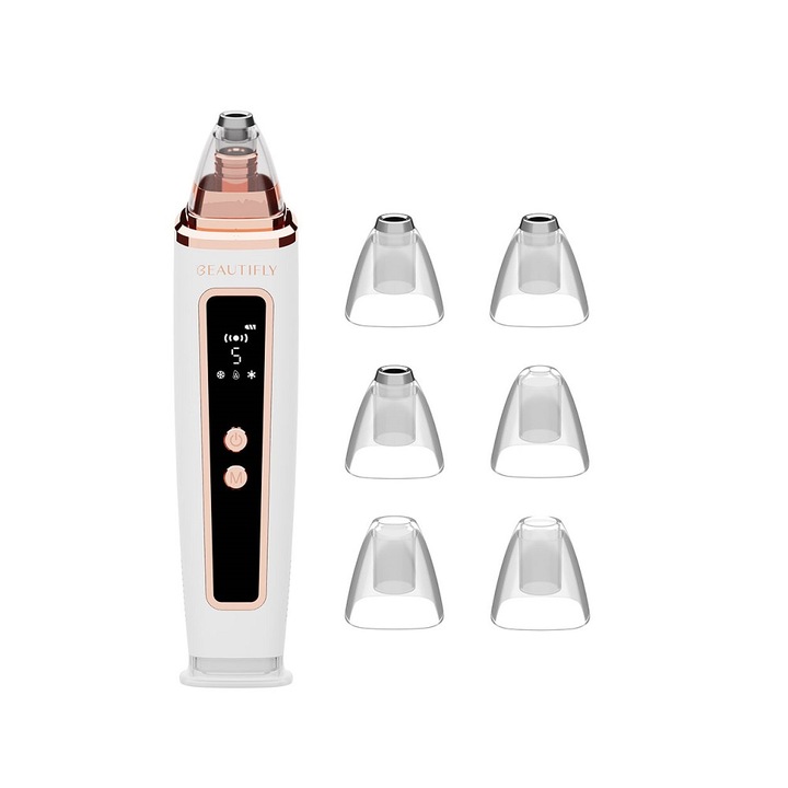Aparat de microdermabraziune cu capat de diamant Beautifly, B-DermaICE, 5 trepte intensitate, functie vaccum, lumina inflarosie, albastra si verde, functie HOT/ICE, masaj lifting, curata porii, regenereaza pielea, display LCD, include 7 capete, alb