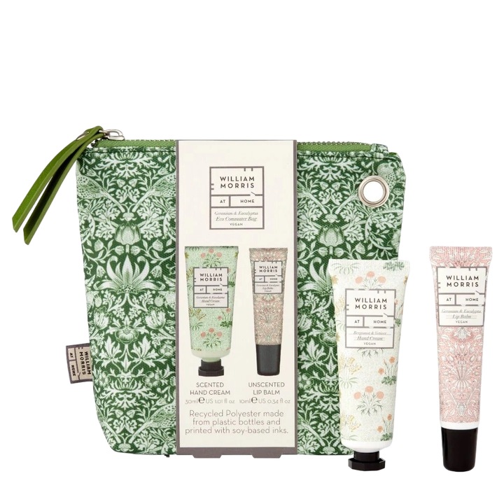 Utazószett kozmetikai táskában - Geranium & Eucalyptus Heathcote & Ivory Ltd., Kézkrém 30ml, Ajakbalzsam 10ml