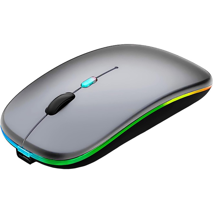 Mouse wireless Crrkty, USB, 2.4GHZ, LED multicolor, silentios, 3 DPI ajustabili, Pentru laptop PC Mac, gri, portabil