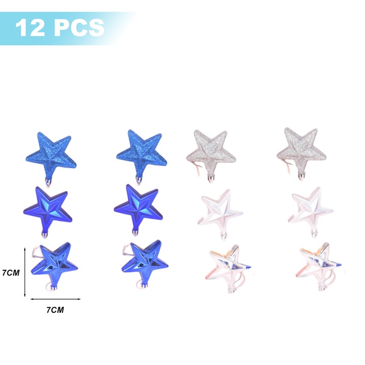 Set 12 accesorii pentru petrecere, stele de Craciun, aurie + albastra, rosie + aurie, argintie + roz, albastra + argintie, 6cm