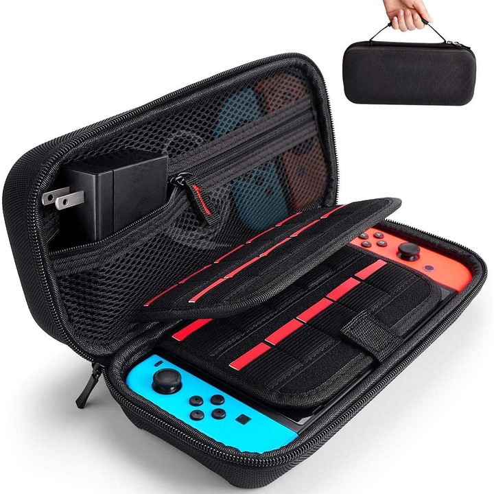 Husa de transport consola Nintendo Switch,, spatiu pentru 20 de jocuri, Husa Hard Pouch Compatibil cu Nintendo Switch/Switch OLED, rezistenta la zgarieturi, cu Maner, negru
