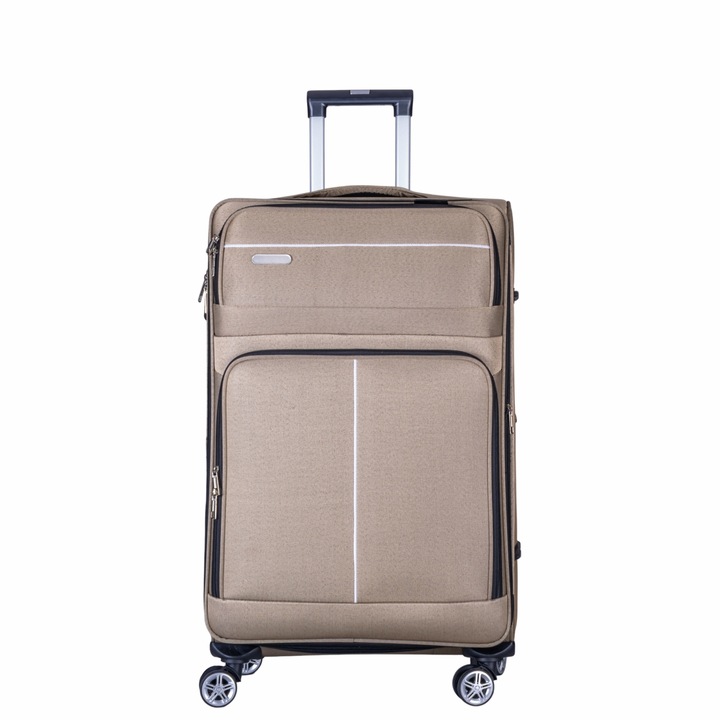 Troler voiaj Mic, Naimeed D6001, 4 roti duble 360 grade, material textil, inchidere cifru, Crem, 35x21x58cm