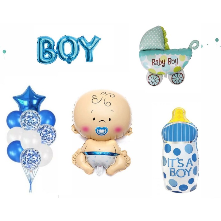 Set decor 16 baloane Baby Boy Cu Suzeta, Bleu, It's Party Time, 69 x 49 cm