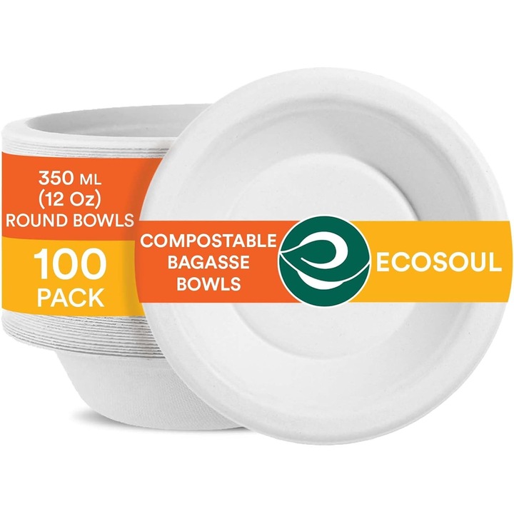 Set de 50 boluri rotunde de unica folosinta din bagasa, ECO SOUL, 350 ml, Alb