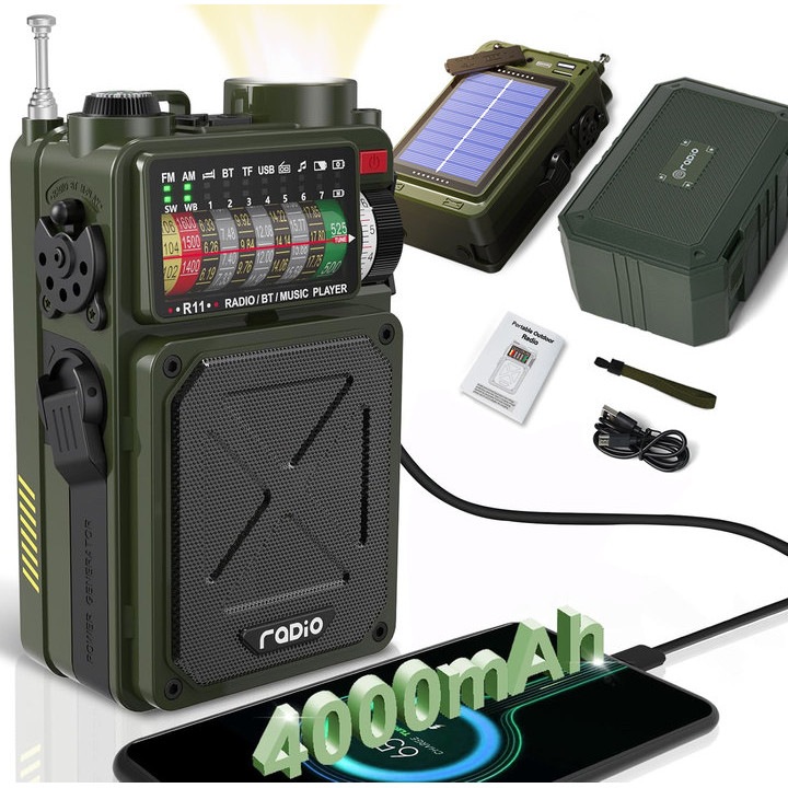 Radio meteo de urgenta portabil, Excitat®, cu panou solar, Bluetooth5.0, Difuzor integrat de 5 wati, baterie Li-Ion, incarcare USB si manivela, lanterna, alarma SOS, AM/FM/WB/SW/NOAA Camping