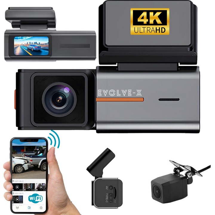 Видеорегистратор Evolve-x RVision X2 камера, вграден, 4K Ultra HD 2160p, Wi-Fi, нощно виждане с WDR, G-сензор, цикъл на запис с 3 настройки, широк ъгъл, приложение за смартфон, екран 1, 47 инча, Камера за заден ход Full HD 1080p включена, сива