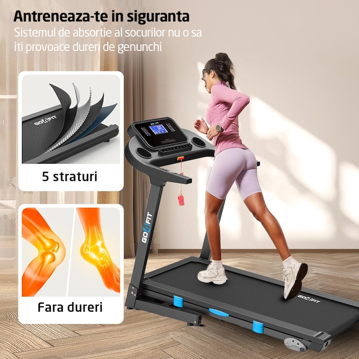 Banda de Alergat GO4FIT® Model FIT100, Viteza Maxima 16km/h, Motor 3.5CP, Sistem Pliere Hidraulic, Amortizare, Inclinare Manuala, Bluetooth, Aplicatii Telefon, Kinomap, Zwift, FitShow, iConsole, Greutate Maxima Utilizator 130kg, 15 Programe