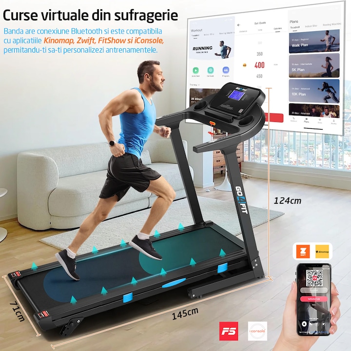 Banda de Alergat GO4FIT® Model FIT100, Viteza Maxima 16km/h, Motor 3.5CP, Sistem Pliere Hidraulic, Amortizare, Inclinare Manuala, Bluetooth, Aplicatii Telefon, Kinomap, Zwift, FitShow, iConsole, Greutate Maxima Utilizator 130kg, 15 Programe