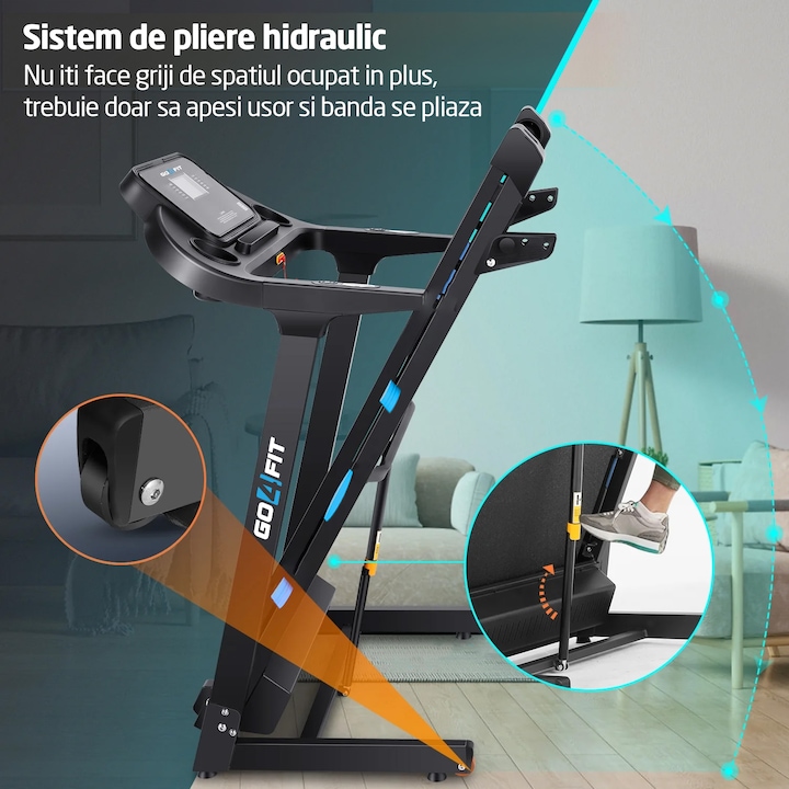 Banda de Alergat GO4FIT® Model FIT100, Viteza Maxima 16km/h, Motor 3.5CP, Sistem Pliere Hidraulic, Amortizare, Inclinare Manuala, Bluetooth, Aplicatii Telefon, Kinomap, Zwift, FitShow, iConsole, Greutate Maxima Utilizator 130kg, 15 Programe