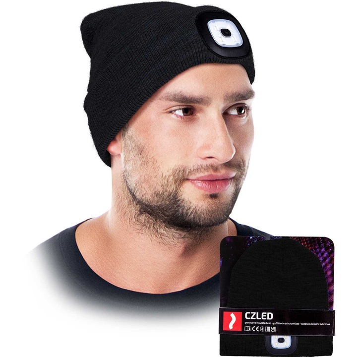 Téli sapka levehető LED zseblámpával RAW-POL, akril anyag, polár béléssel, fekete