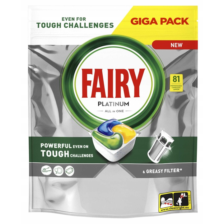 Fairy Platinum All in One Lemon mosogatógép, 81 kapszula, folyékony formula, ezüstvédelem, hatékony tisztítás