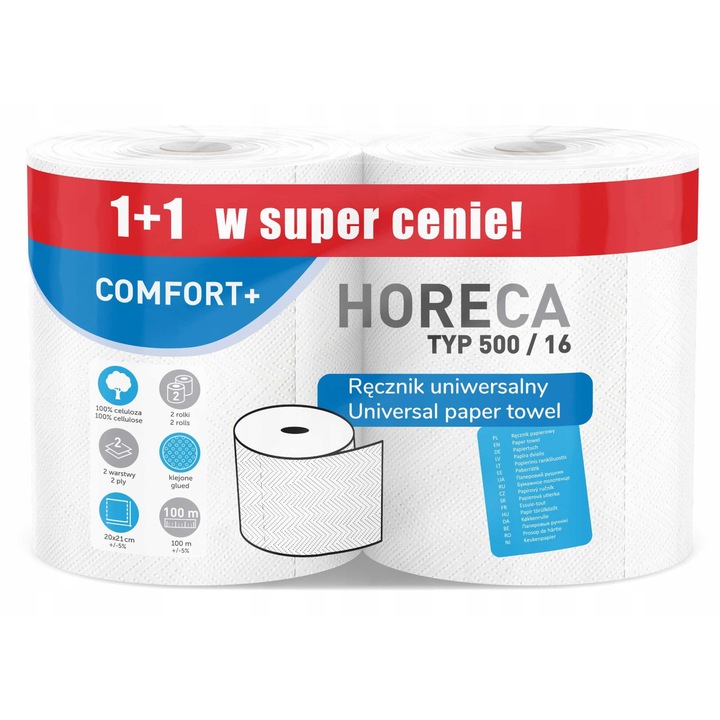 Prosoape de hartie, 2R HORECA COMFORT+, 100m, 2 role, 500 foi, 20x21cm, 2 straturi
