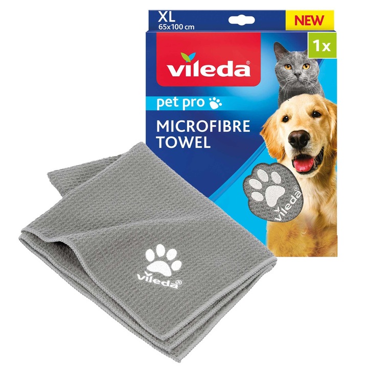 Кърпа за животни, Vileda Pet Pro, XL, микрофибър, бързосъхнеща, сива, 65x100см