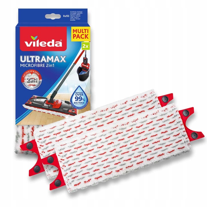 Set 2 rezerve mop, Vileda, Ultramax, Microfibra 2 in 1, 35x14cm, Alb/Rosu