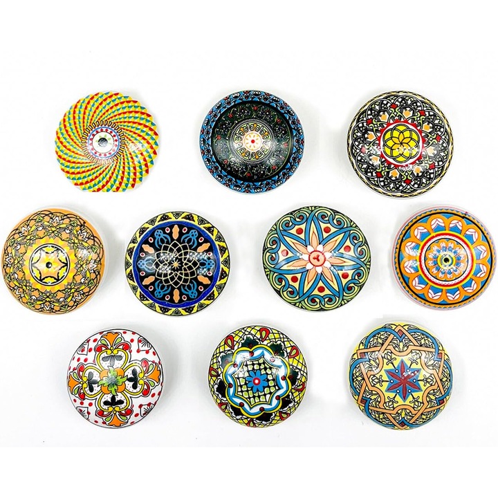Set 10 Butoni Mobila ULU, Stil Boho, Ceramica, Multicolor, 40x28mm