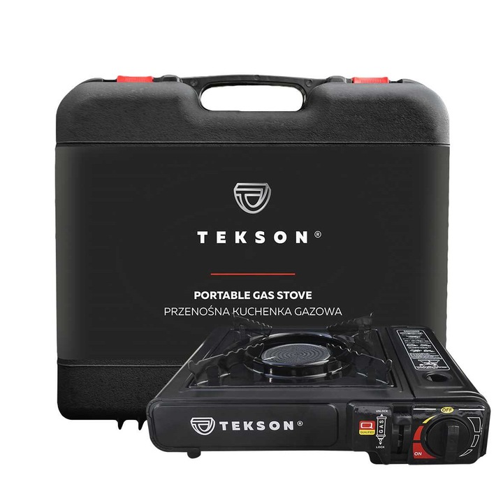 Arzator camping TEKSON, ceramica, compact, in valiza plastic, negru