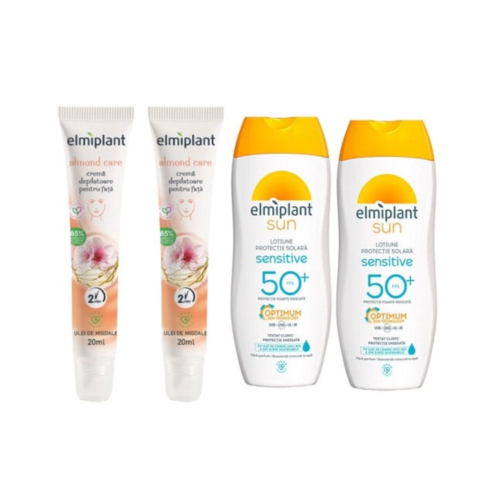 Elmiplant testápoló készlet 4 db komponens, 2 db arcszőrtelenítő krém 20 ml mandula ápoló, 2 db naptej SPF50 200 ml Érzékeny, hatékony tisztítás, intenzív hidratálás, könnyű felvitel, megelőzi az irritációt, bőrgyógyászatilag tesztelt