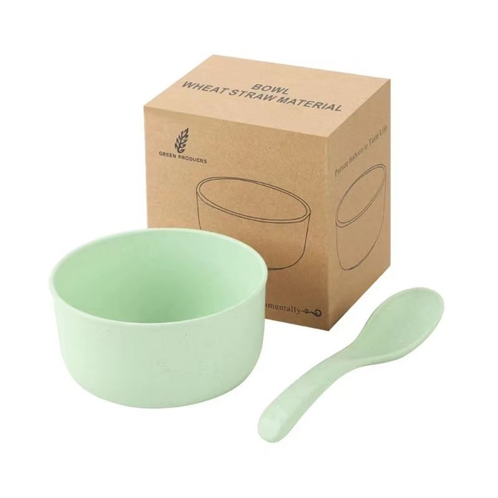 Set bol/linguri, TOO, Plastic din paie de grau verde, 11.3×6 cm
