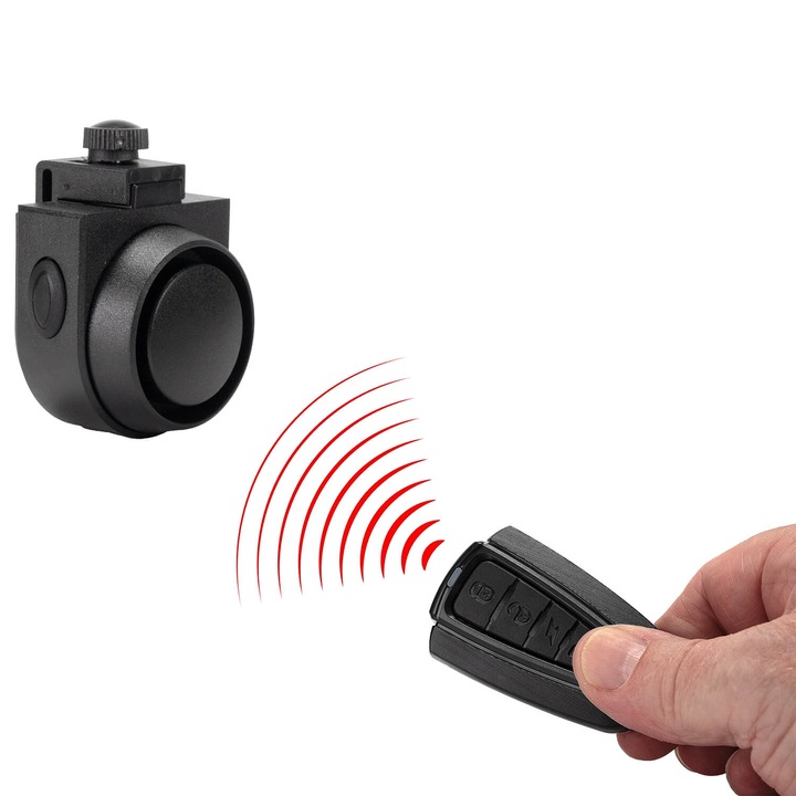 Alarma anti furt pentru biciclete, motociclete, trotinete, 115 decibeli putere acustica, senzor de vibratii, reincarcabila prin USB, impermeabila IPX 5, telecomanda wireless