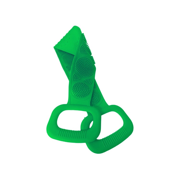 Гъба за баня, измиване и ексфолиране на тяло, BATH-BODY, лента с 2 раирани страни, масажна четка, 60 см X 10 см, първокласен силикон, зелен, HAPPY JOKER