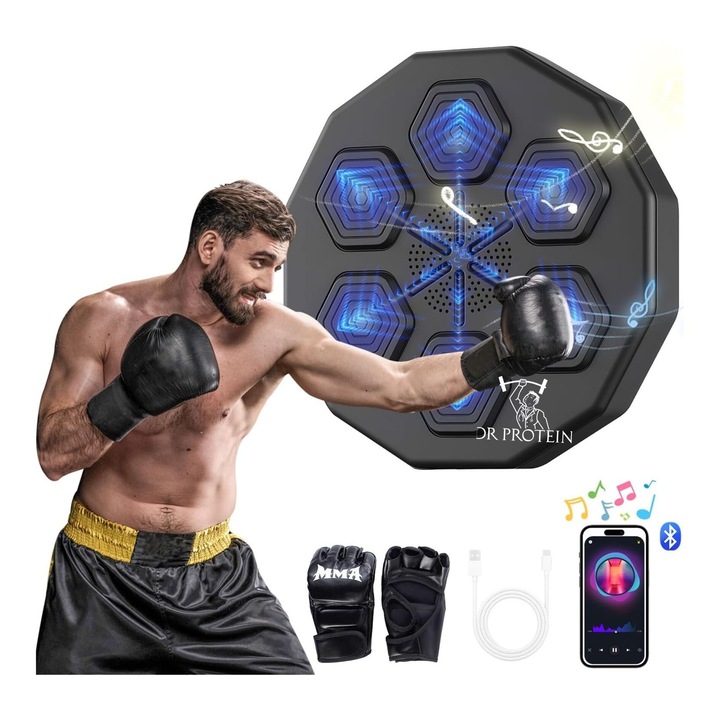 DrProtein® S1 интелигентна музикална кутия, включени ръкавици, Bluetooth връзка, бокс и фитнес тренировки, вграден високоговорител, за деца и възрастни, LED осветление, HD дисплей, SMART функции, IOS/Android интеграция, максимално въздействие 360 кг