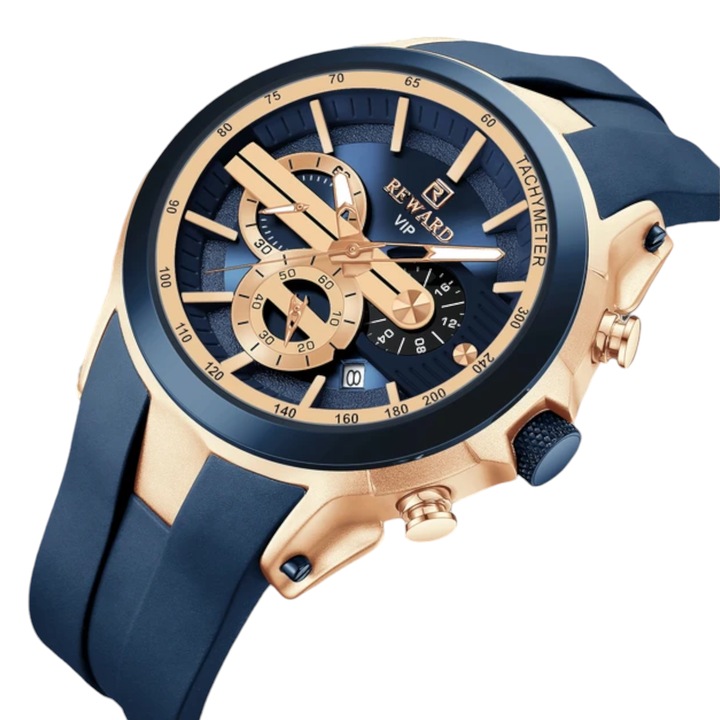 Ceas barbatesc REWARD, cuart japonez, sticla minerala ranforsata, cronograf, ace luminescente, calendar, albastru