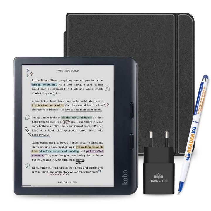 Комплект четец Kobo Libra Colour, Калъф Черен, 4 части, Черен