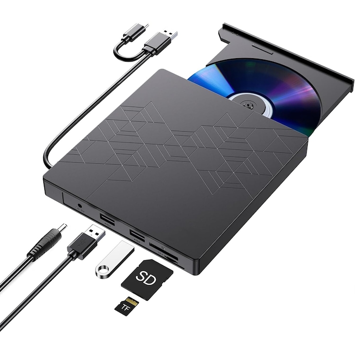 Външно DVD записващо устройство, Excitat®, USB 3.0/Type-c кабел, plug and play, компактен и преносим, CD, DVD +/-, RW, SD, TF, Съвместим лаптоп, PC, десктоп, Mac Os, Windows 11/10 /8/7, Linux OS, черен